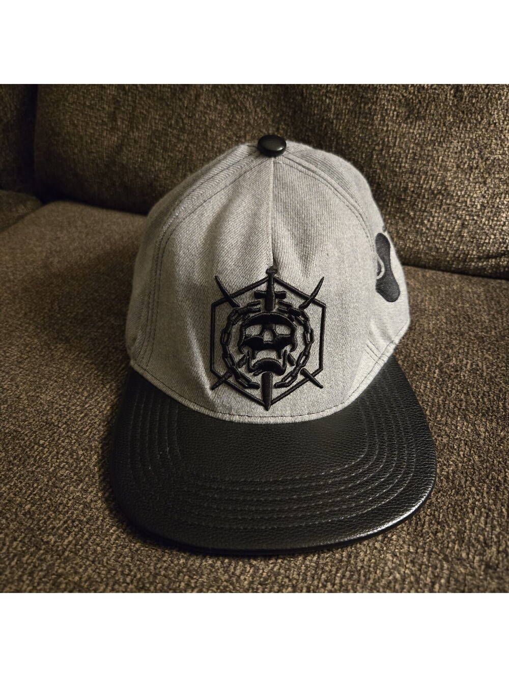 Destiny Bungie Grey Hat Gaming SnapBack Cap Black Faux Leather Embroidered Skull